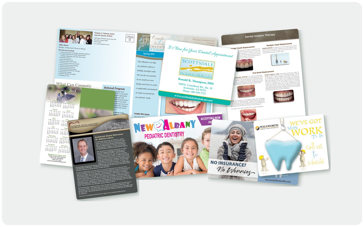Spread of dental print materials produced by POS: recall cards, appointment reminders, pediatric postcards, patient newsletters, calendars, and implant flyers.